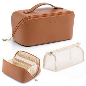Travel Makeup Bag,travel Gifts For Women,brown Leather Make Up Bag For🌟
